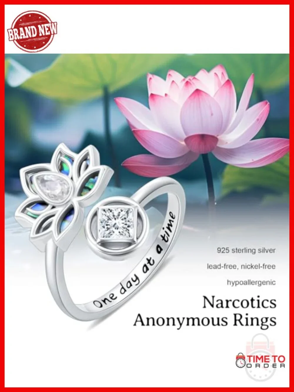925 Sterling Silver Sobriety Ring Lotus Healing Recovery Pendant Spiritual